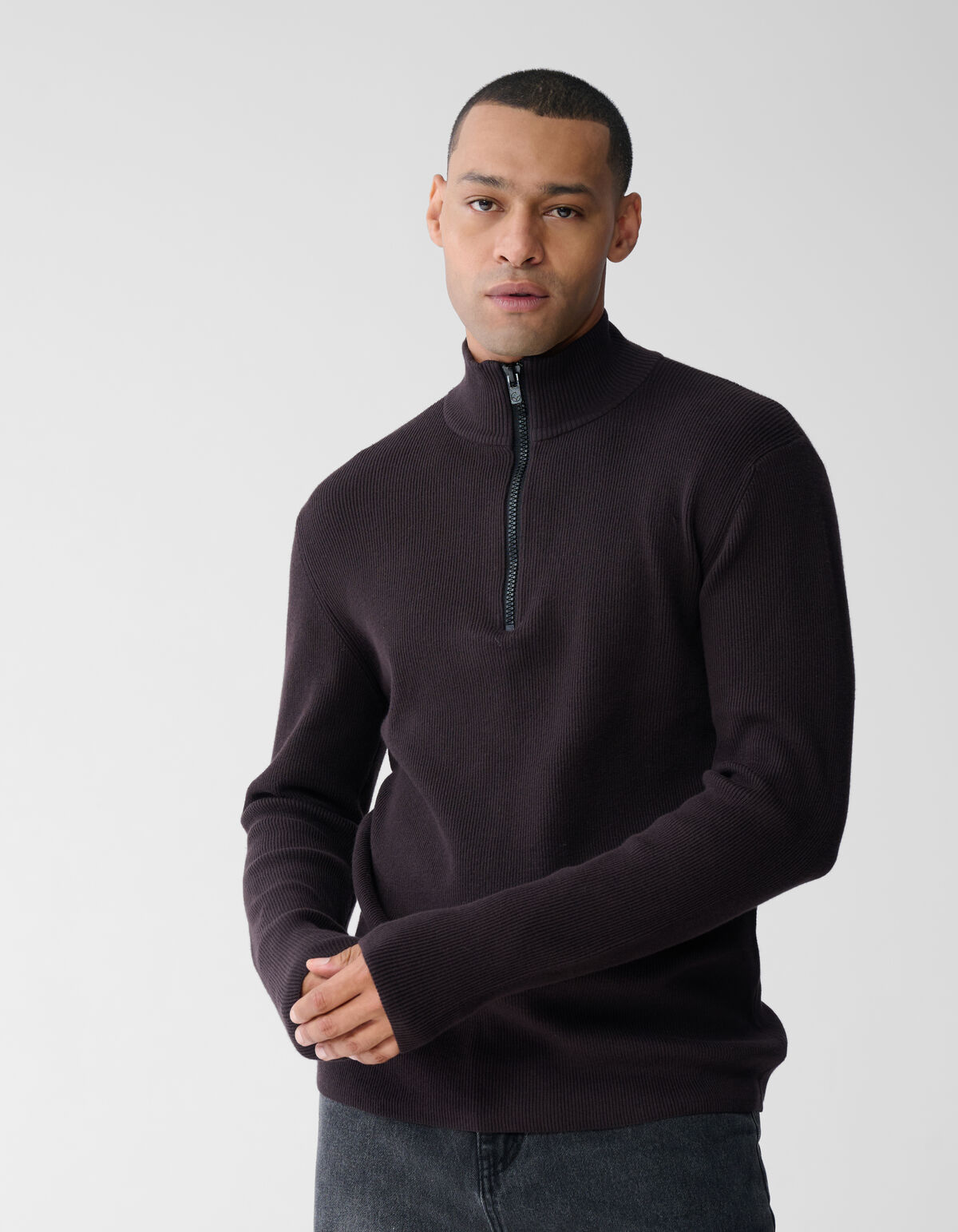 Half Zip Gebreide Trui Donkerbruin SHOEBY MEN