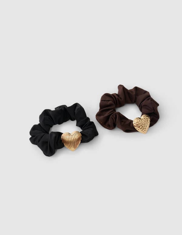 Heart Scrunchie Set Zwart/Donkerbruin SHOEBY ACCESSOIRES