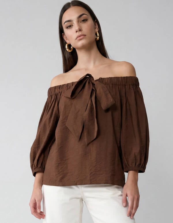 Off Shoulder Strik Blouse Donkerbruin SHOEBY WOMEN