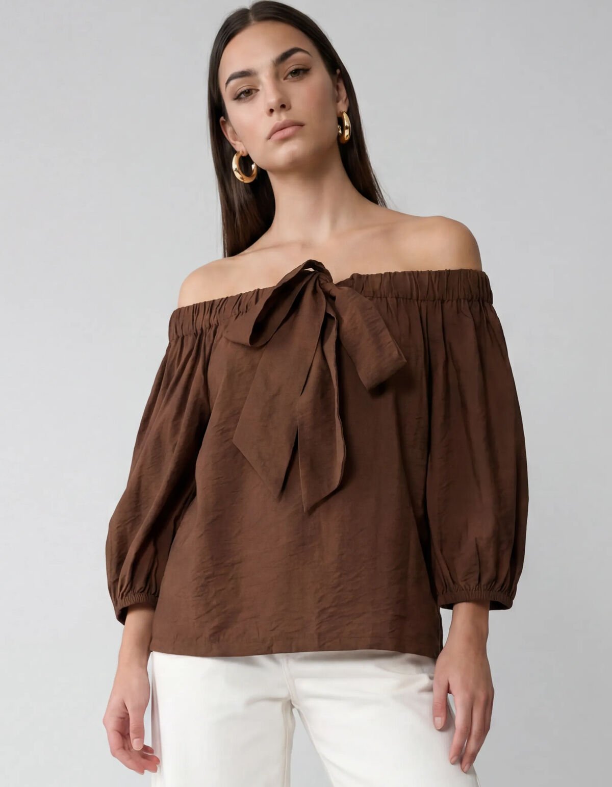 Off Shoulder Strik Blouse Donkerbruin SHOEBY WOMEN