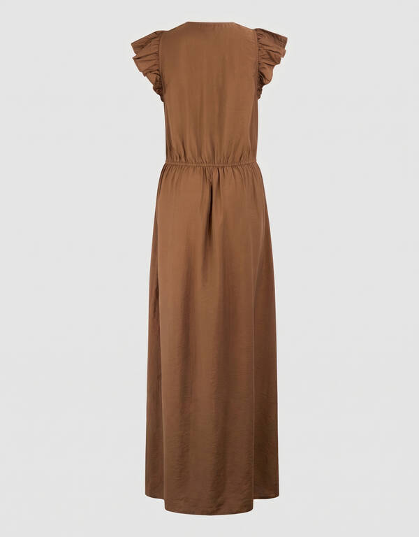 Ruffle V-hals Maxi Jurk Donkerbruin SHOEBY WOMEN