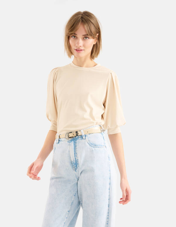 Rib V-hals Top Beige SHOEBY WOMEN