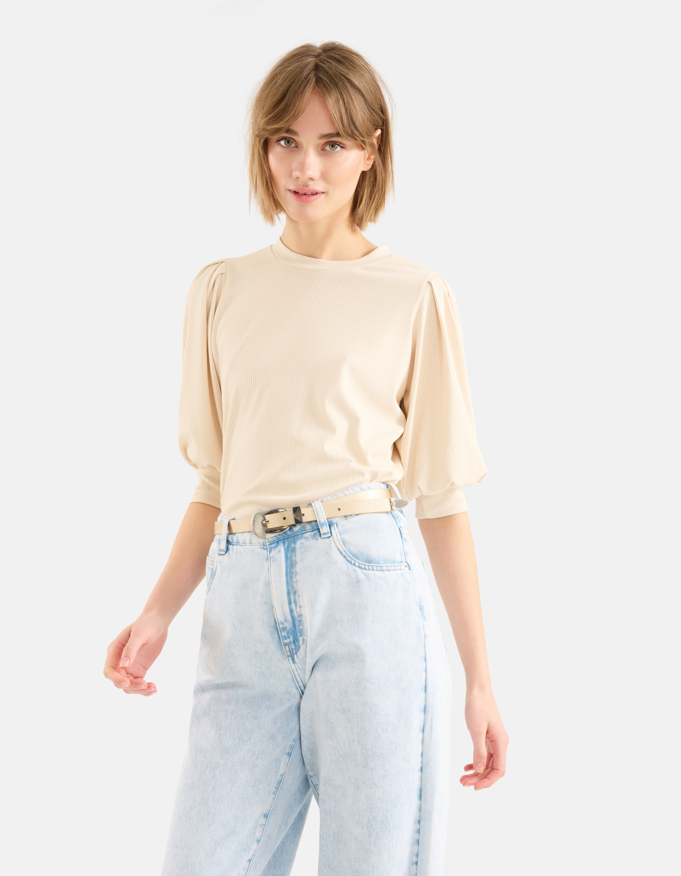 Rib V-hals Top Beige SHOEBY WOMEN