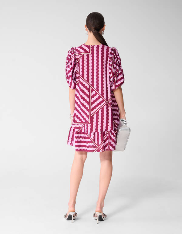 Wavy Printed Puffy Sleeve Mini Jurk Roze/Paars SHOEBY WOMEN