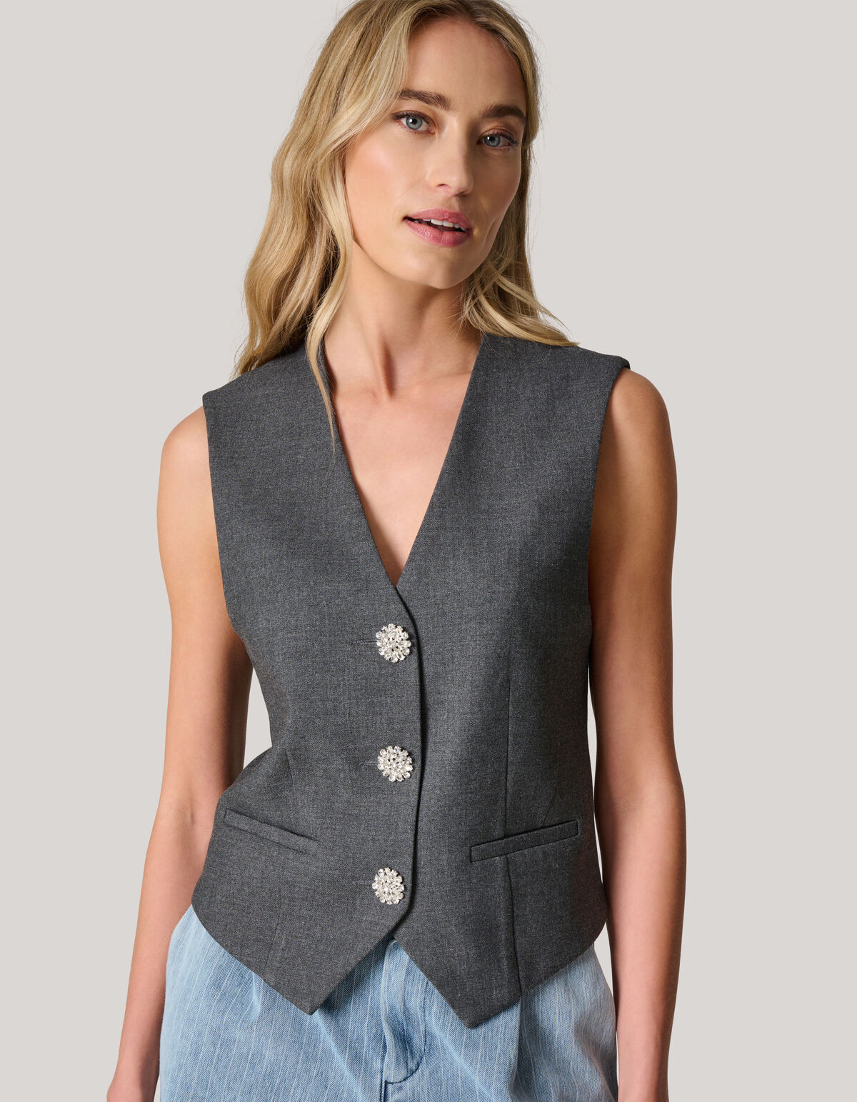 Strass Knopen Gilet Grijs SHOEBY WOMEN