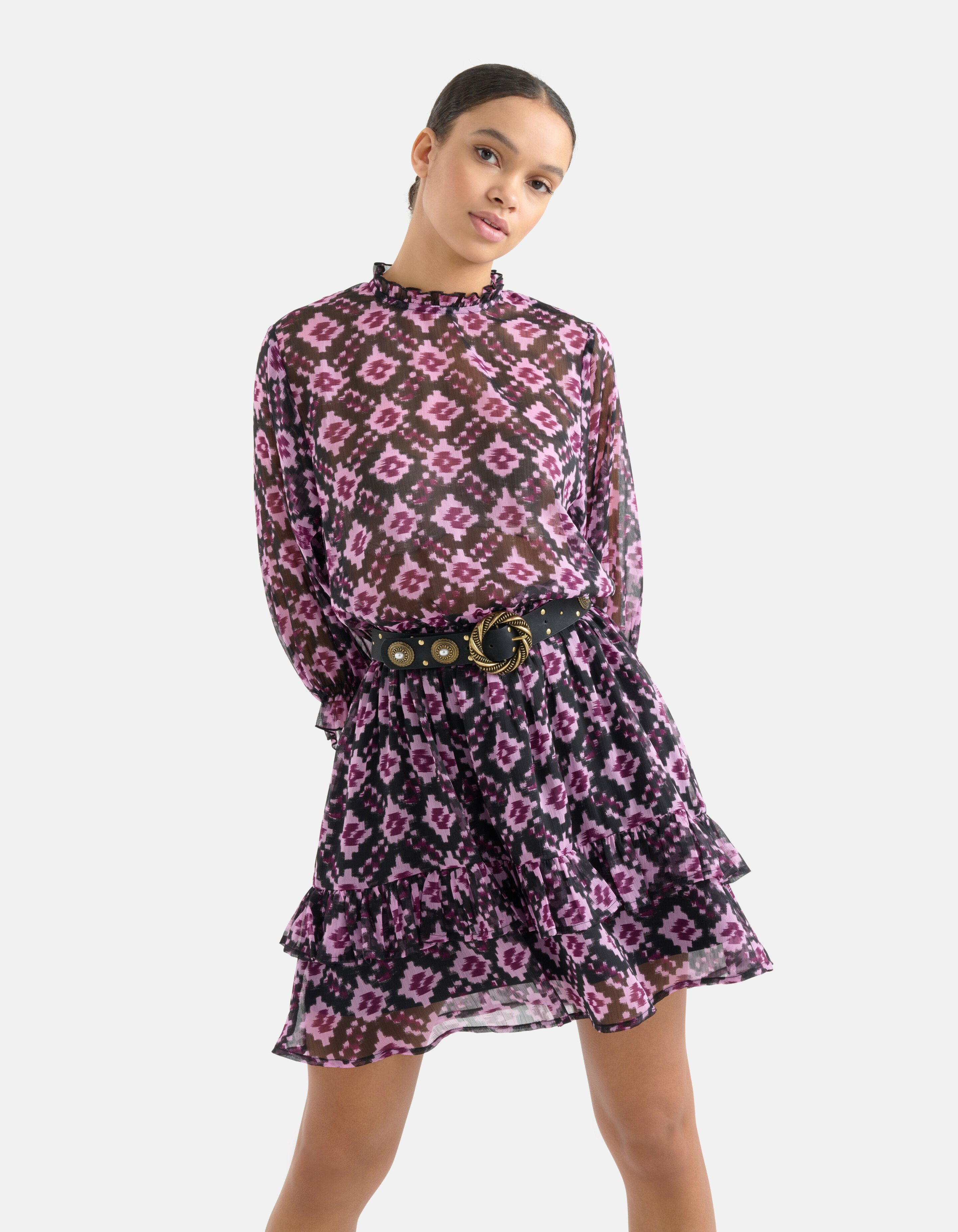 Printed Chiffon Jurk Zwart/Paars SHOEBY WOMEN