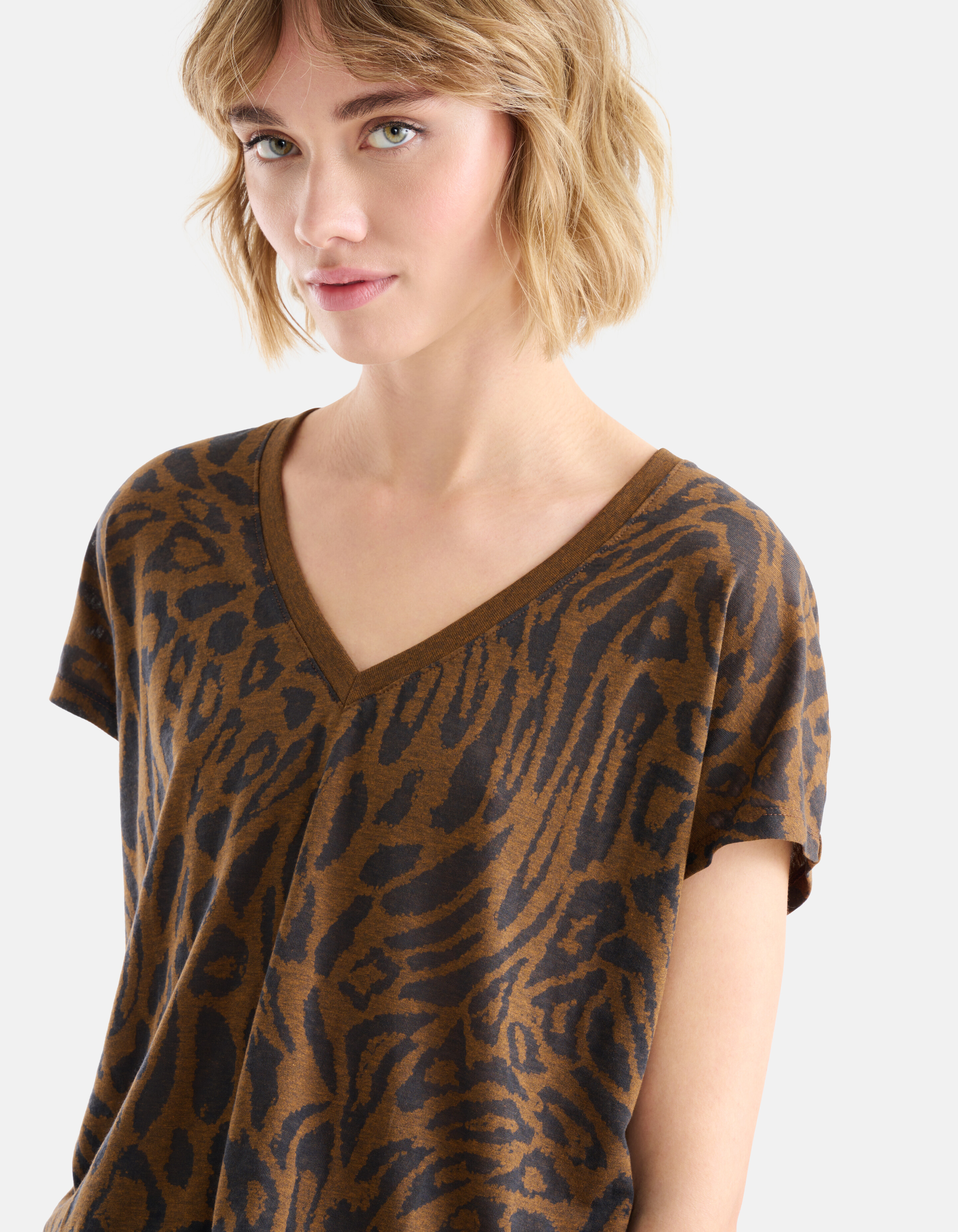 Leopard Print V-Hals T-shirt Bruin SHOEBY WOMEN