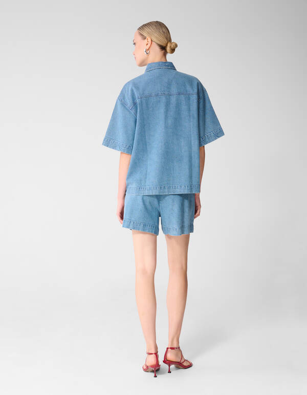 Oversized Fit Strass Denim Blouse Blauw SHOEBY WOMEN