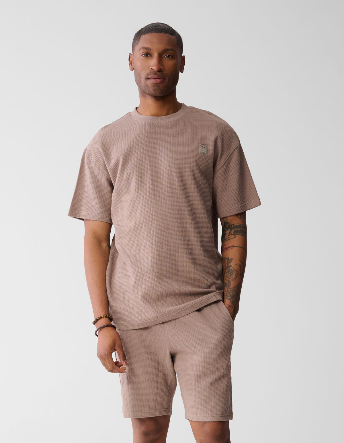 Waffle Structuur T-shirt Lichtbruin SHOEBY MEN