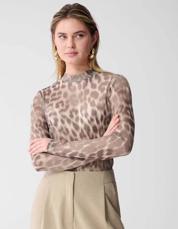 Mesh Leopard Longsleeve Top Lichtbruin SHOEBY WOMEN