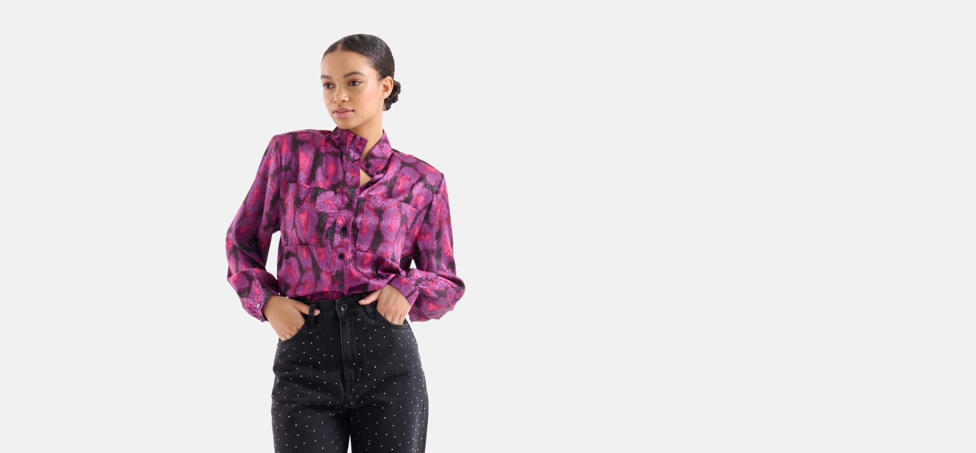 Satijnen Schoudervulling Blouse Paars EKSEPT