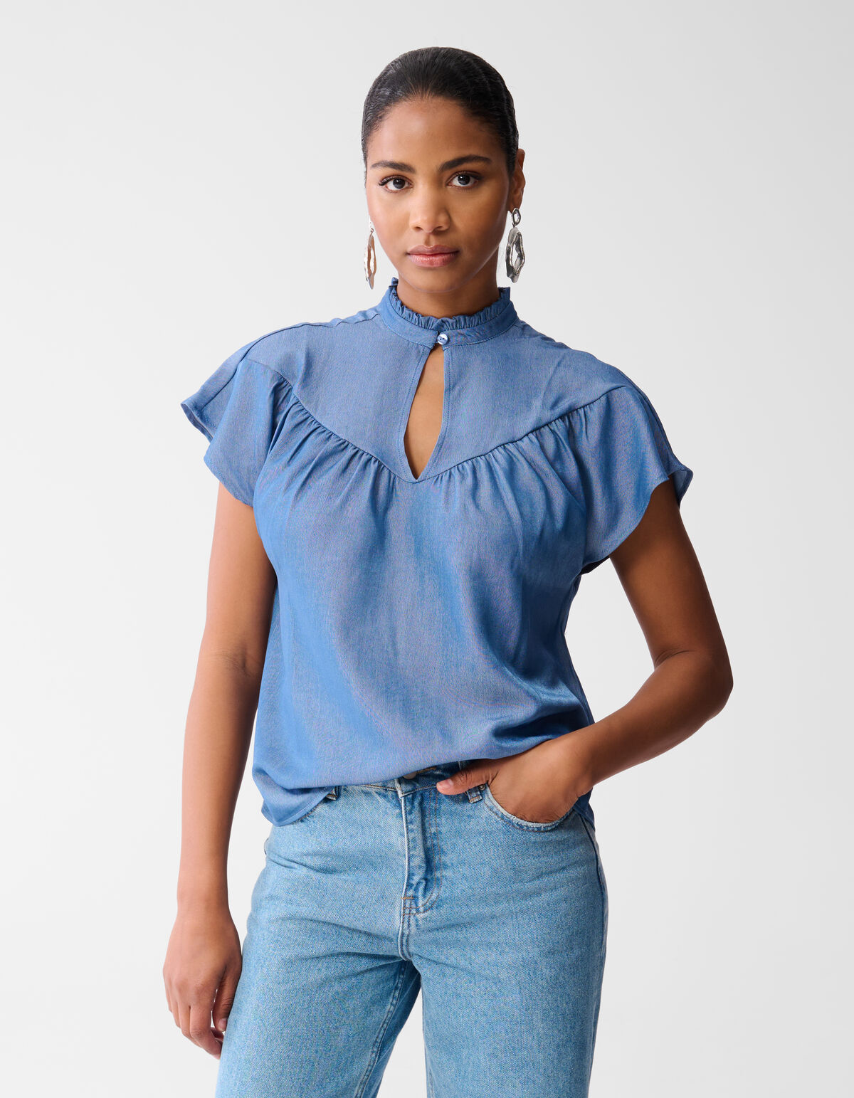 Tencel Ruffle Top Blauw SHOEBY WOMEN