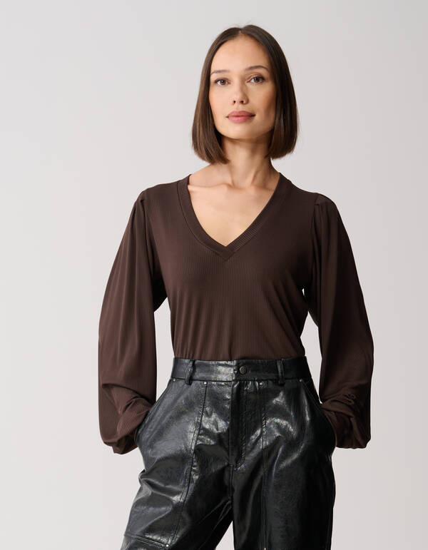 Rib Jersey Top Donkerbruin SHOEBY WOMEN