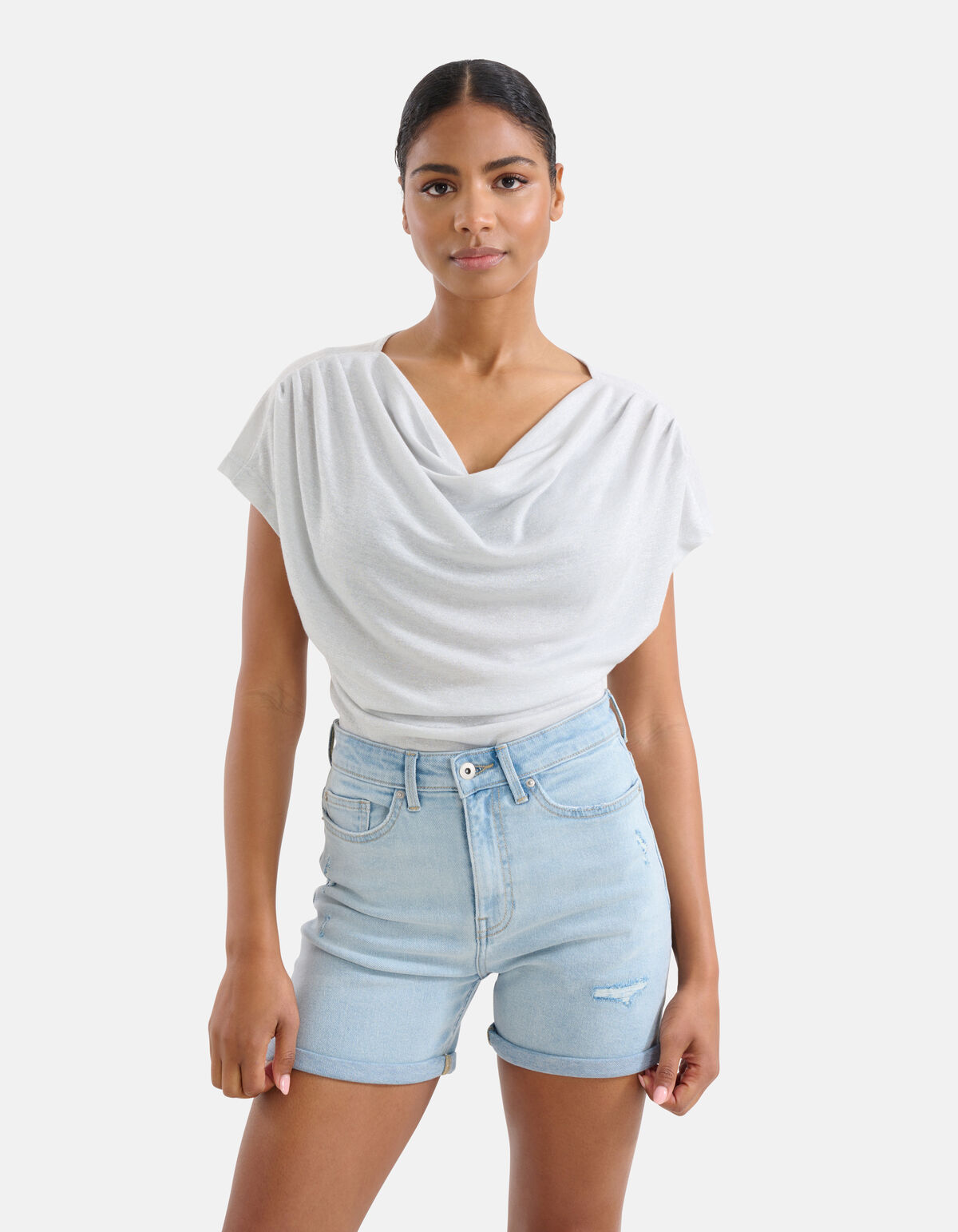 Gedrapeerde Glitter Top Zilver SHOEBY WOMEN