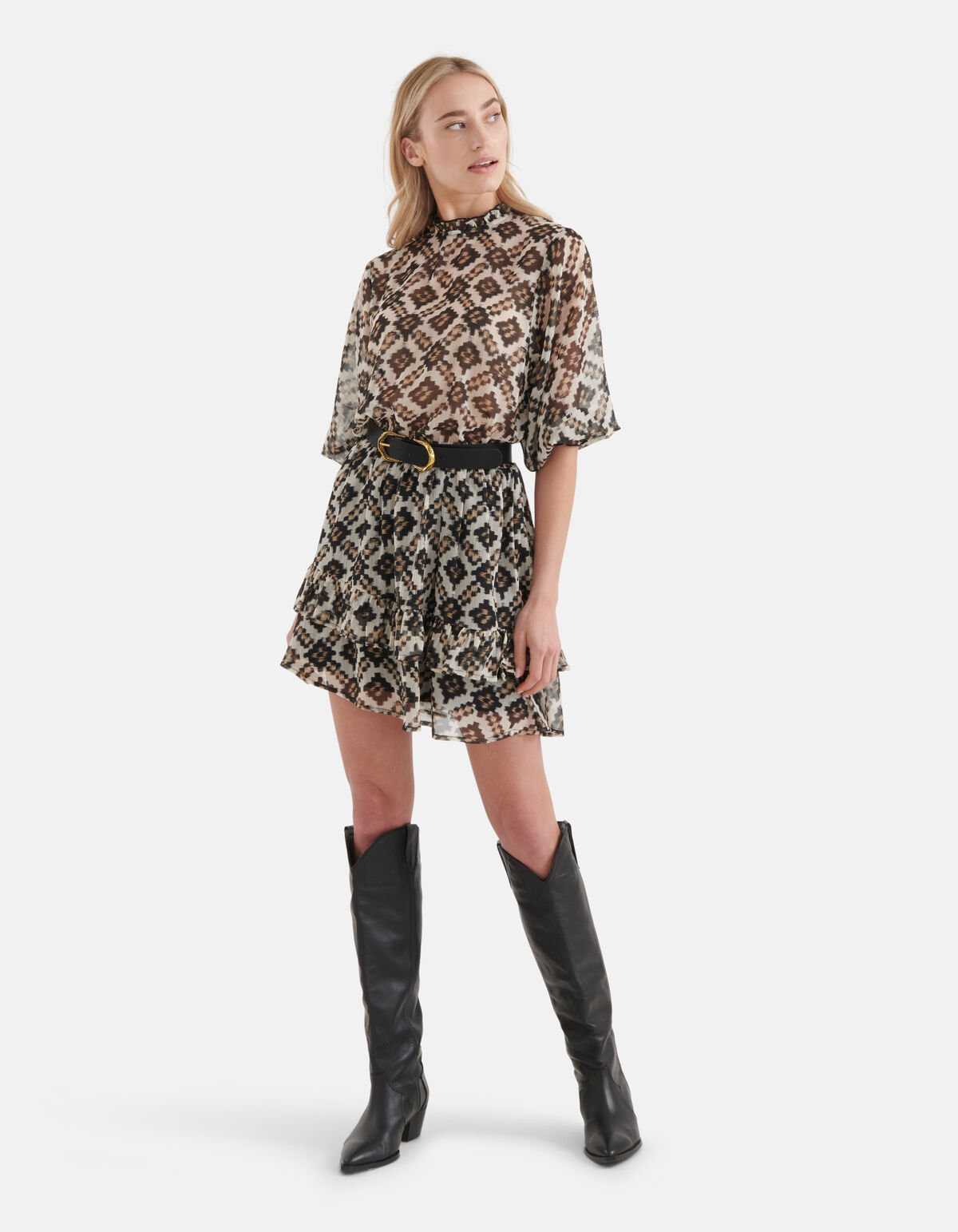 Printed Chiffon Jurk Beige SHOEBY WOMEN