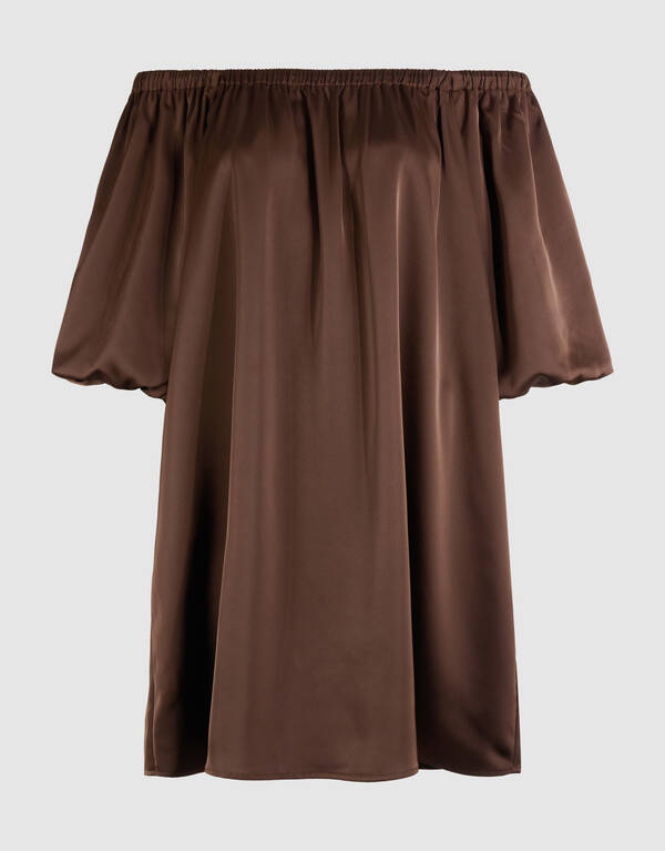 Satijnen Off Shoulder Mini Jurk Bruin By Fred SHOEBY WOMEN