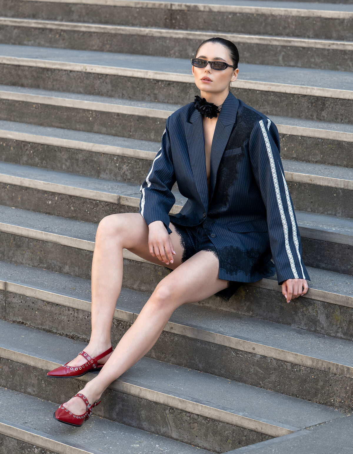 Oversized Kanten Blazer Donkerblauw SHOEBY WOMEN