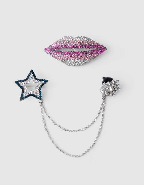 Lips/Star Strass Broche Set Zilver SHOEBY ACCESSOIRES