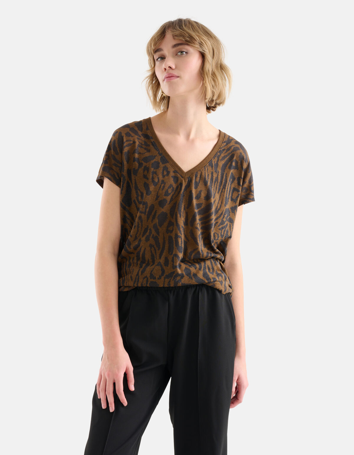 Leopard Print V-Hals T-shirt Bruin SHOEBY WOMEN