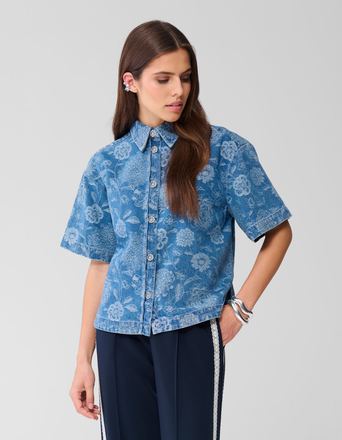 Oversized Flower Denim Blouse Blauw SHOEBY WOMEN