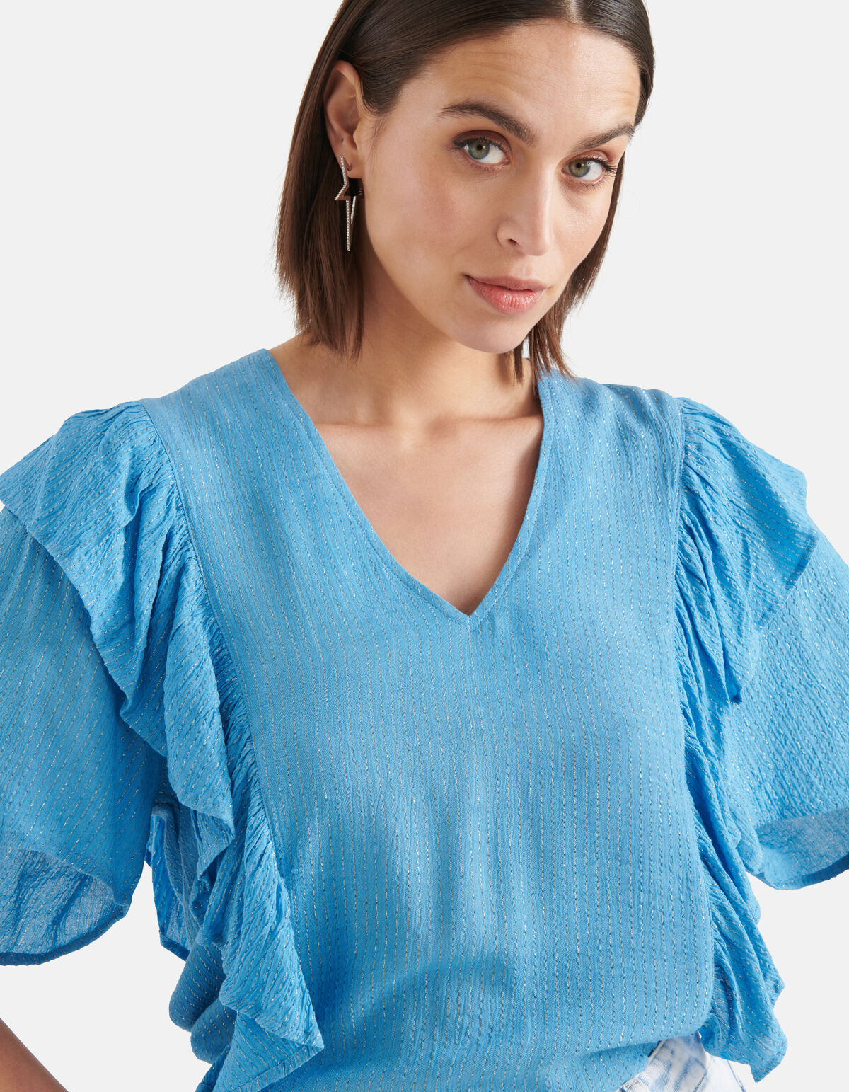 Ruffle Lurex Top Blauw SHOEBY WOMEN