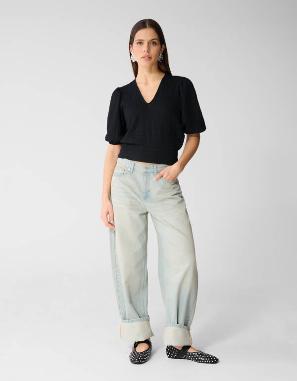 Crinkle V-Hals Top Zwart SHOEBY WOMEN