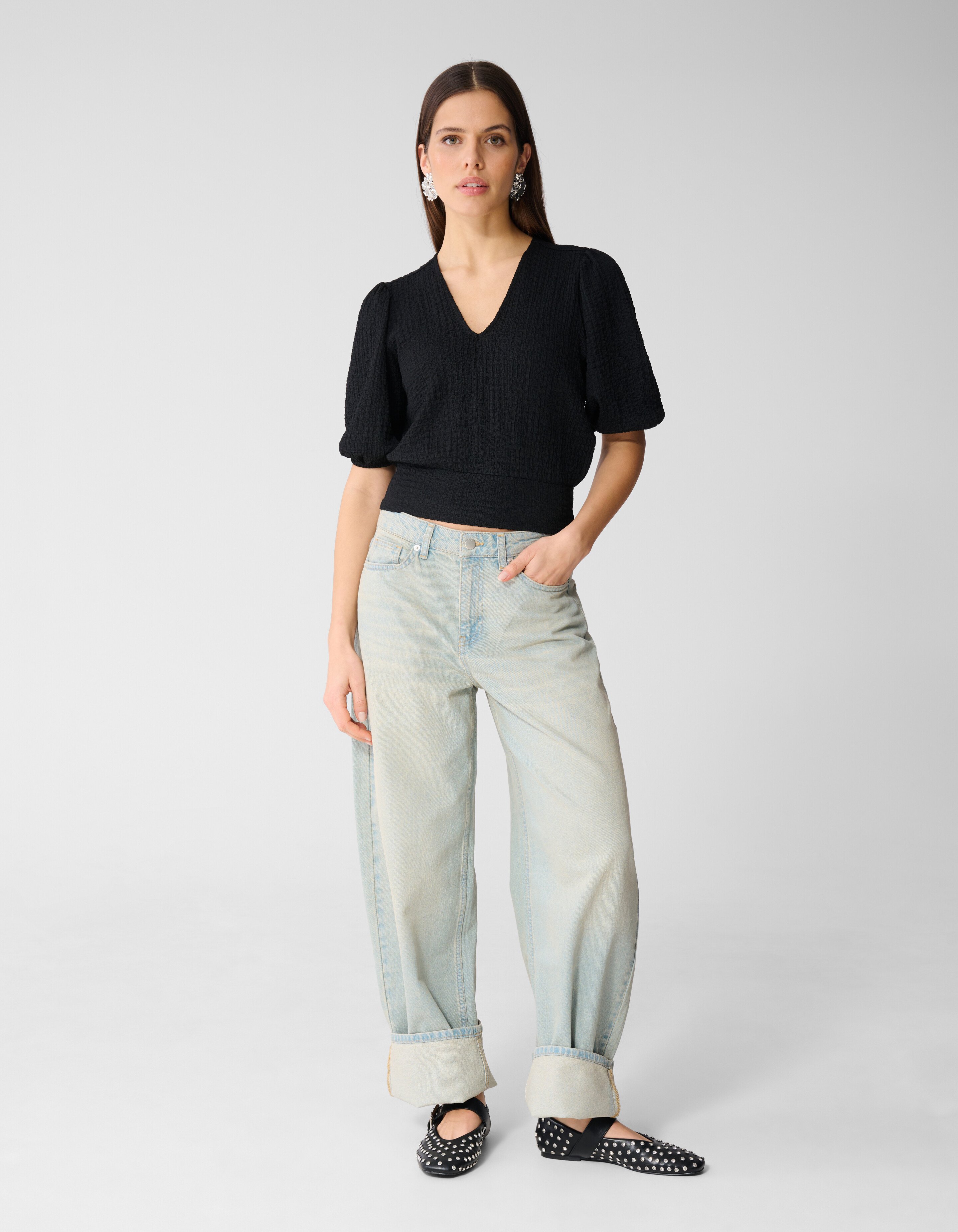 Crinkle V-Hals Top Zwart SHOEBY WOMEN