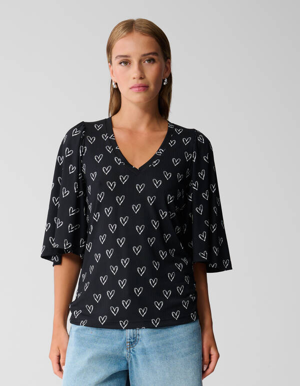 Heart Printed Rib Jersey Top Zwart SHOEBY WOMEN