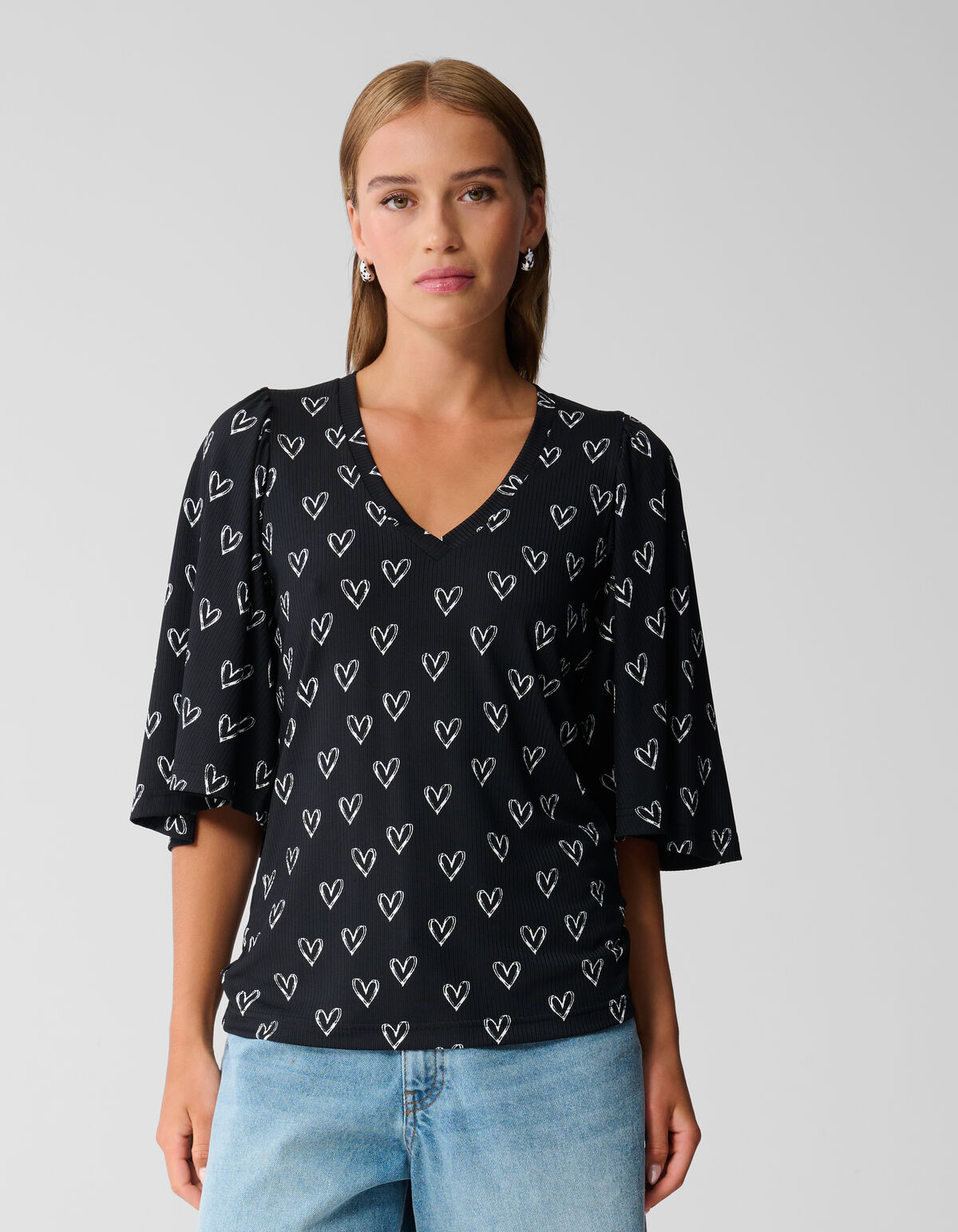 Heart Printed Rib Jersey Top Zwart SHOEBY WOMEN