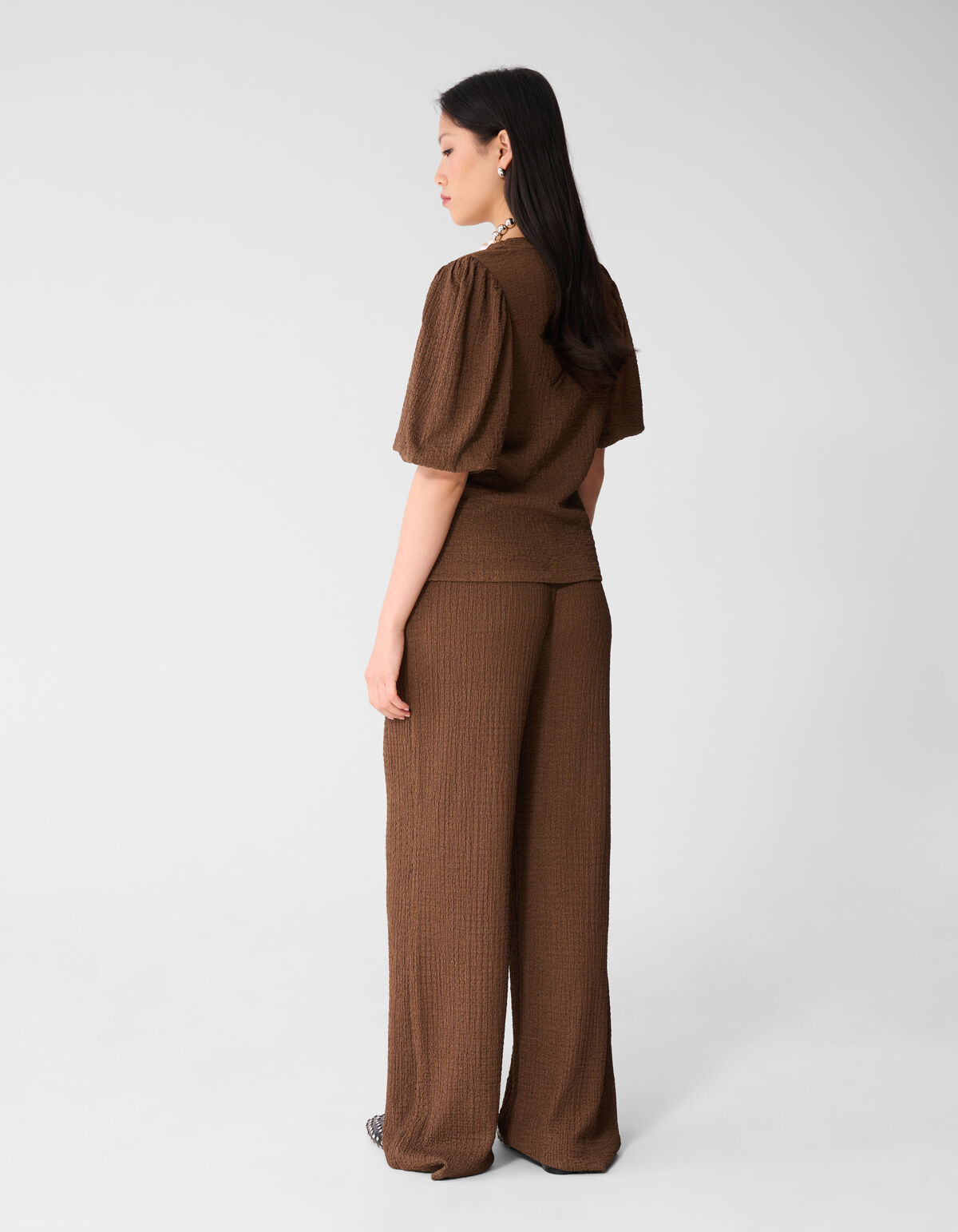 Crinkle Wide Leg Fit Broek Bruin SHOEBY WOMEN