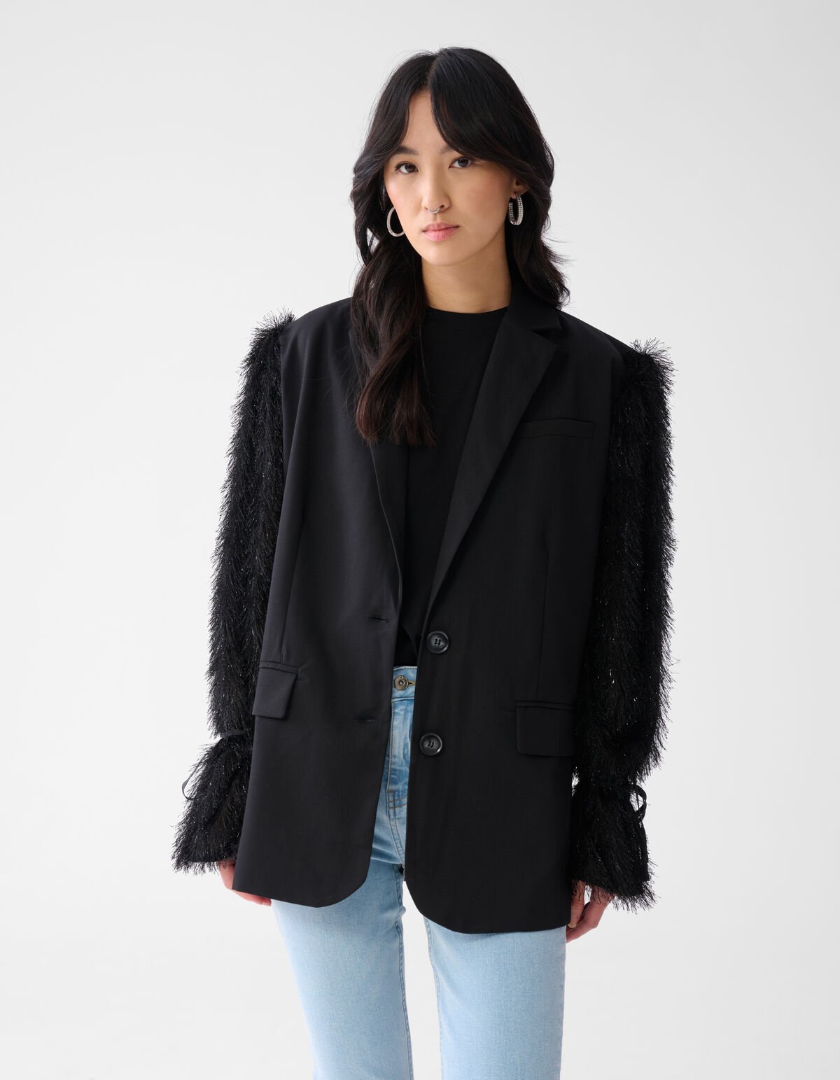 Oversized Hairy Sleeve Blazer Zwart SHOEBY WOMEN