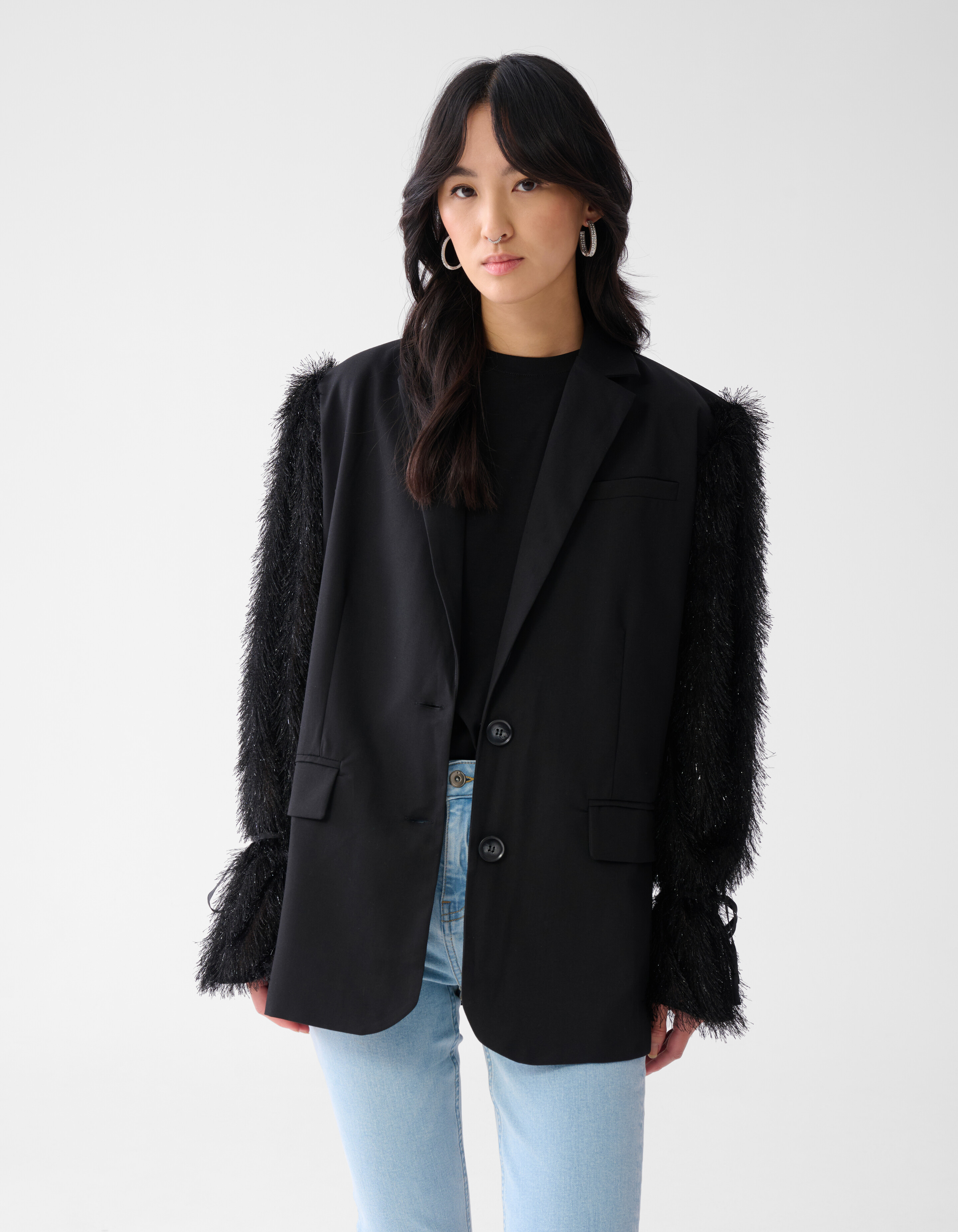 Oversized Hairy Sleeve Blazer Zwart SHOEBY WOMEN