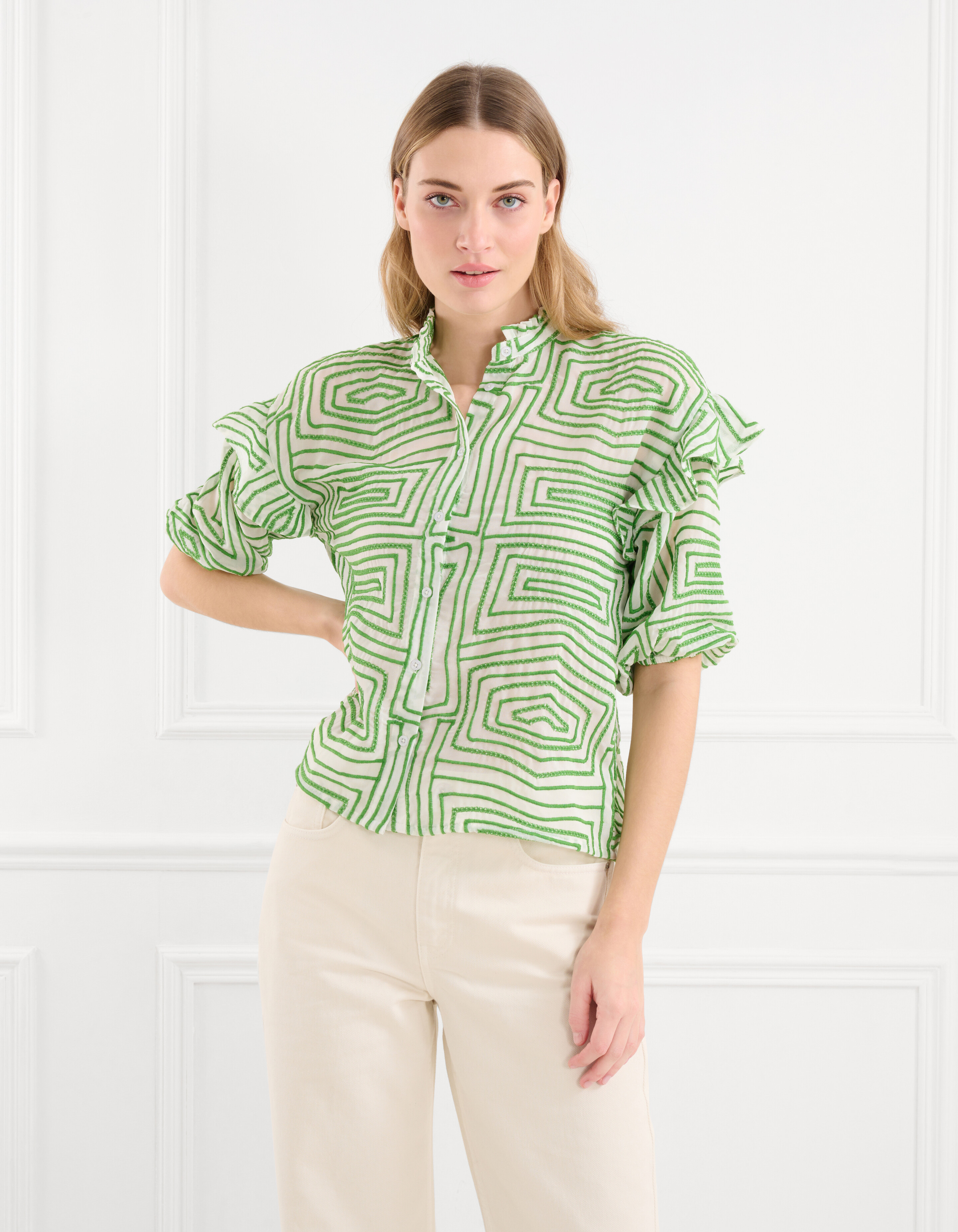 Printed Ruffle Blouse Groen SHOEBY WOMEN