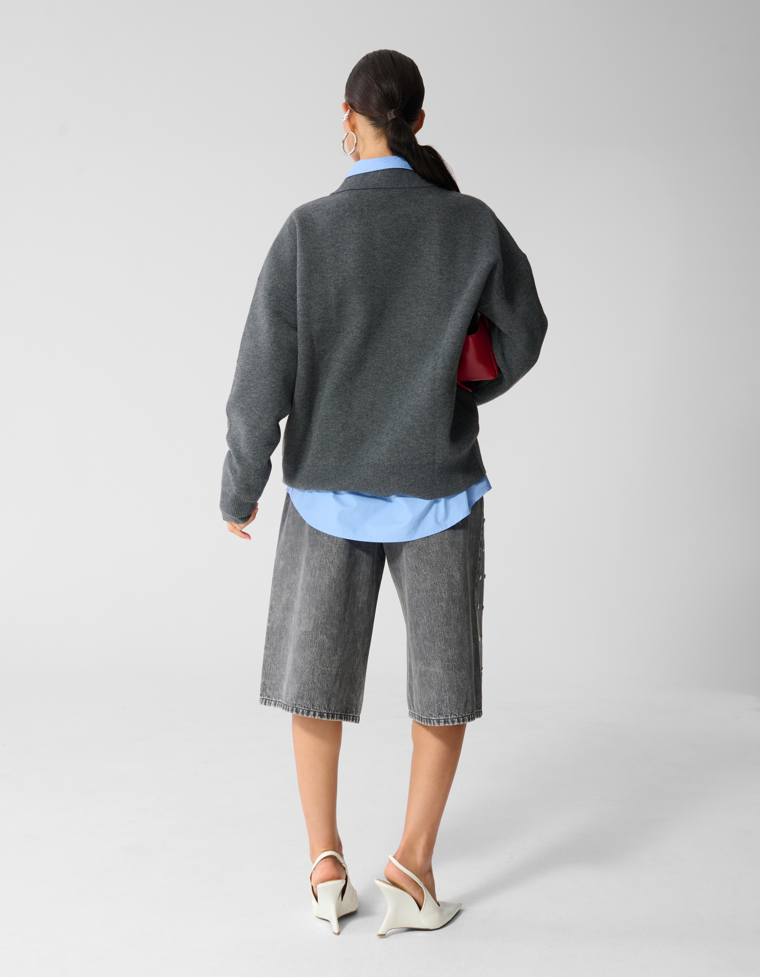Oversized Gebreide Polo Trui Donkergrijs SHOEBY WOMEN