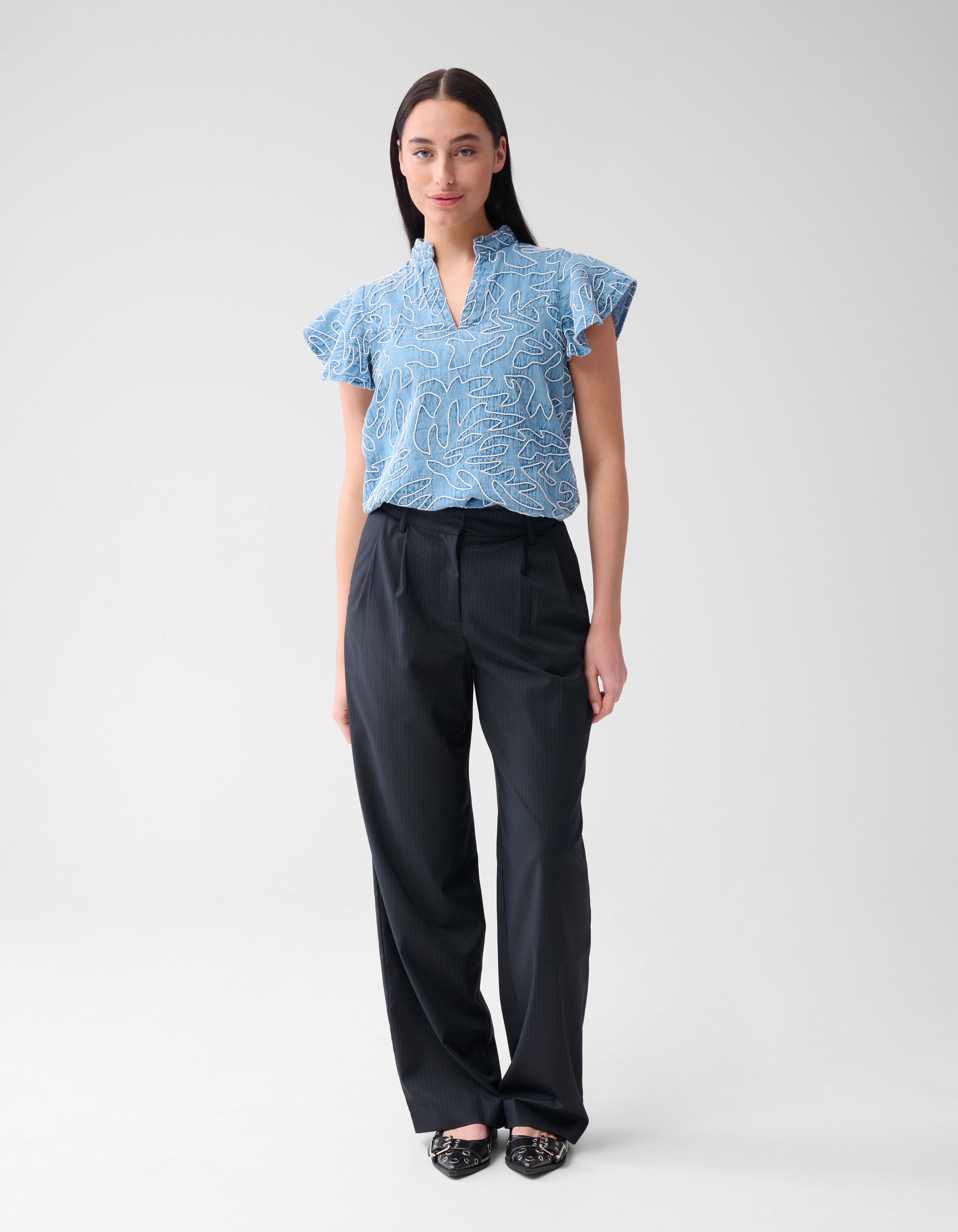 Denim Ruffle Cord Top Blauw SHOEBY WOMEN