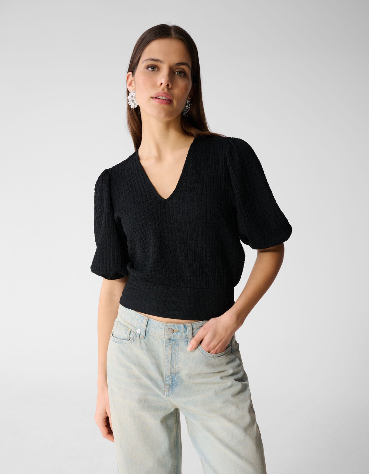 Crinkle V-Hals Top Zwart SHOEBY WOMEN