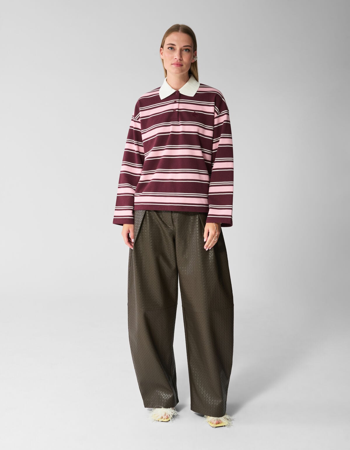 Gestreepte Polo Longsleeve Donkerrood SHOEBY WOMEN