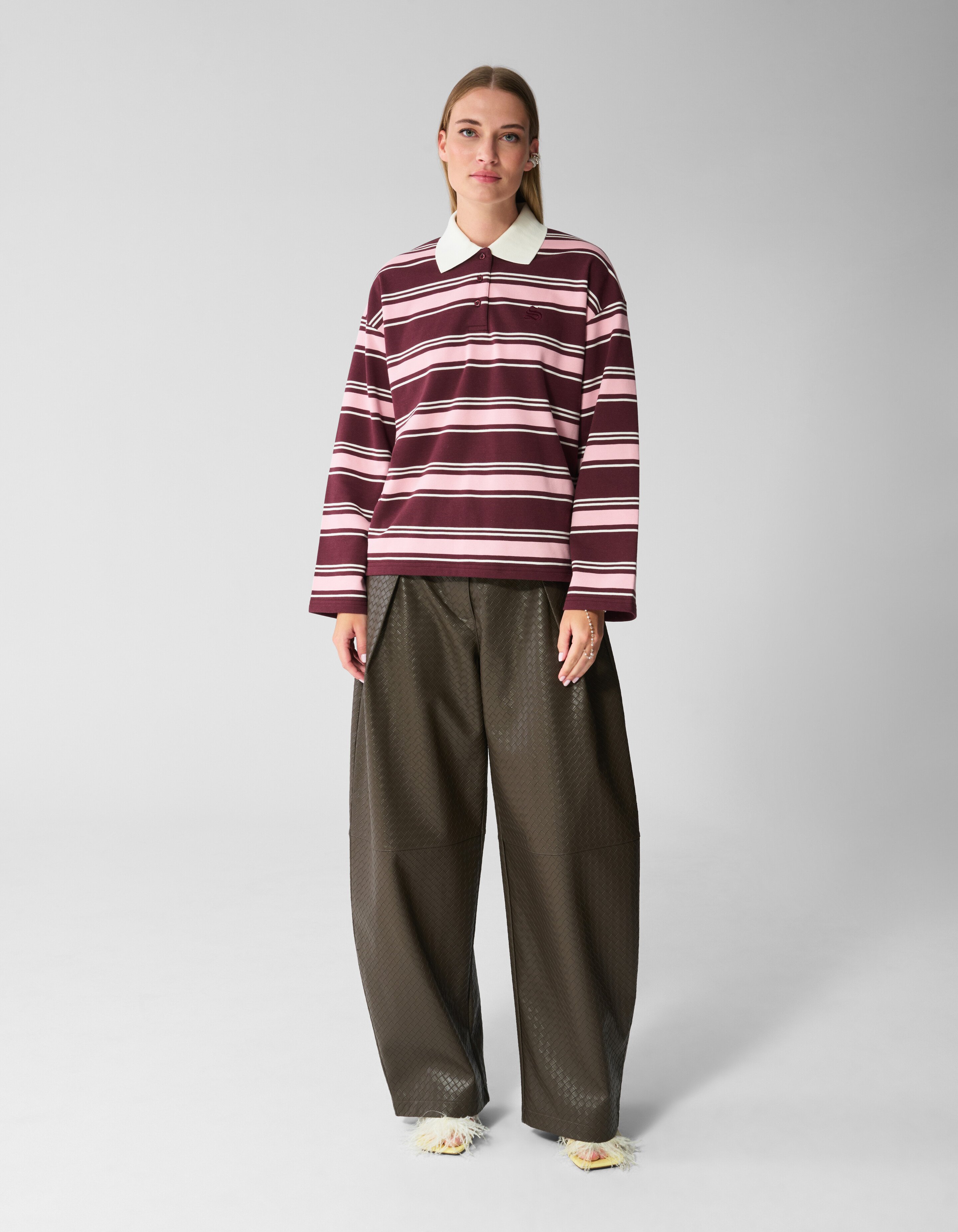 Gestreepte Polo Longsleeve Donkerrood SHOEBY WOMEN