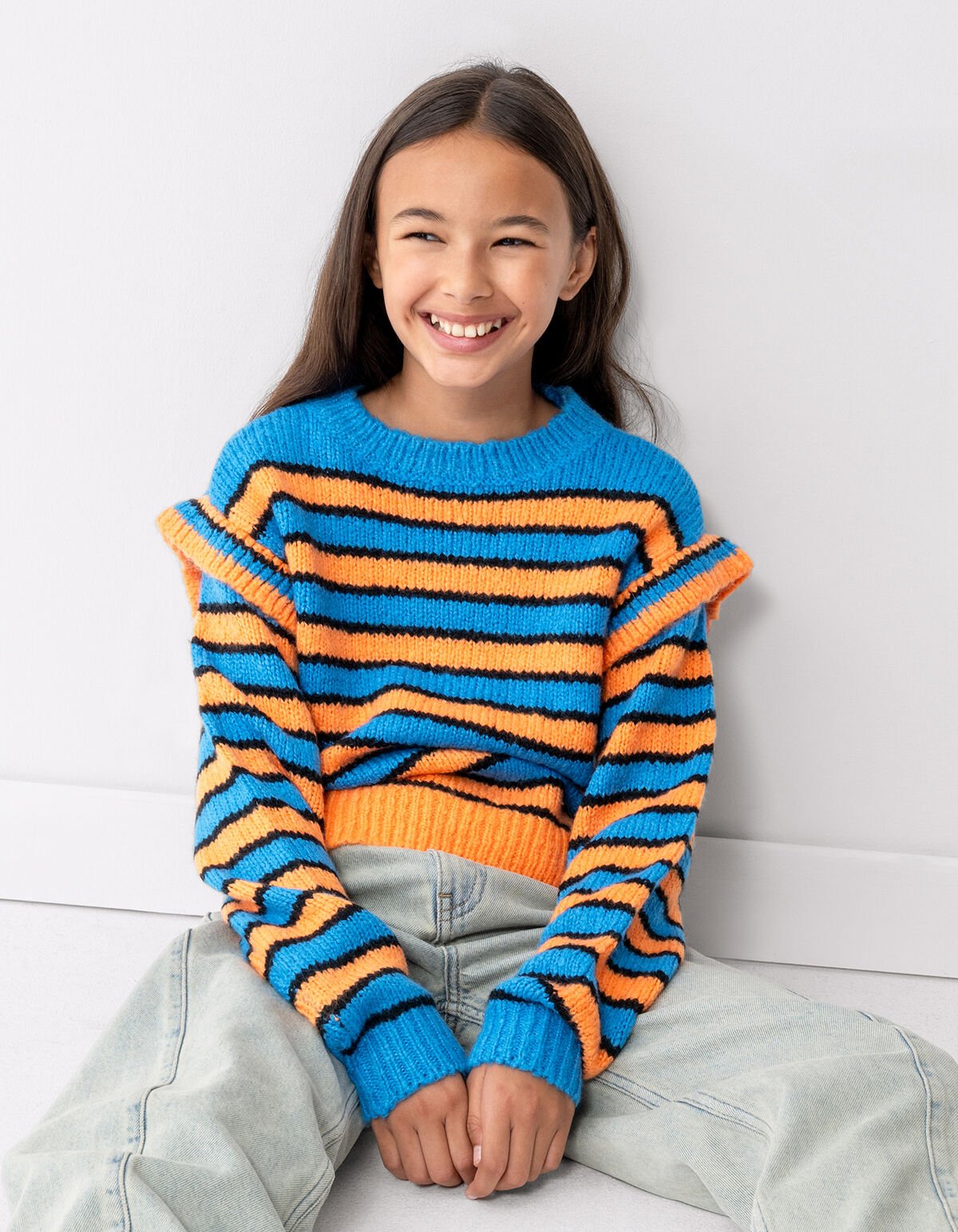 Ruffle Stripe Trui Blauw/Oranje SHOEBY GIRLS