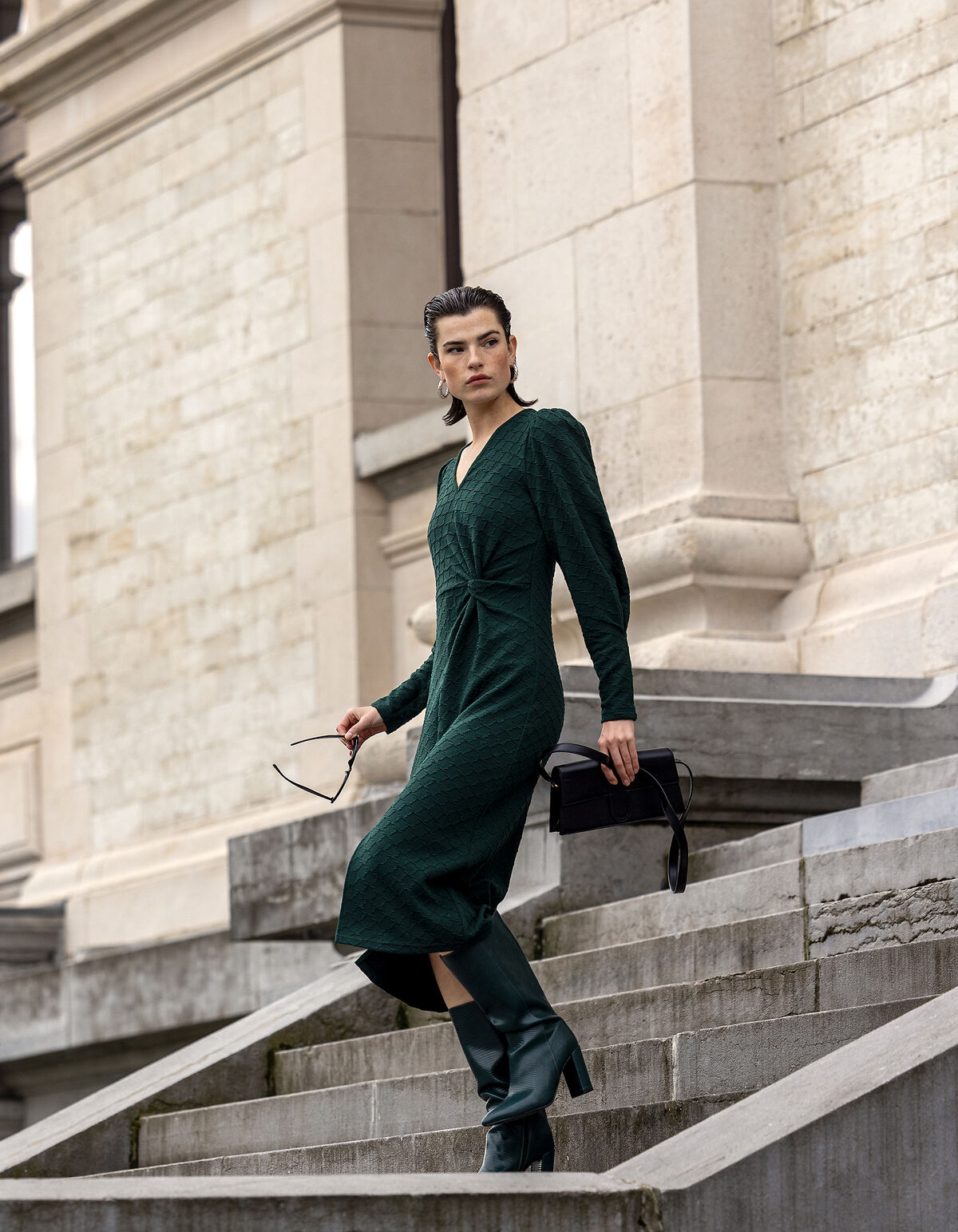 Structuur Midi Jurk Donkergroen SHOEBY WOMEN