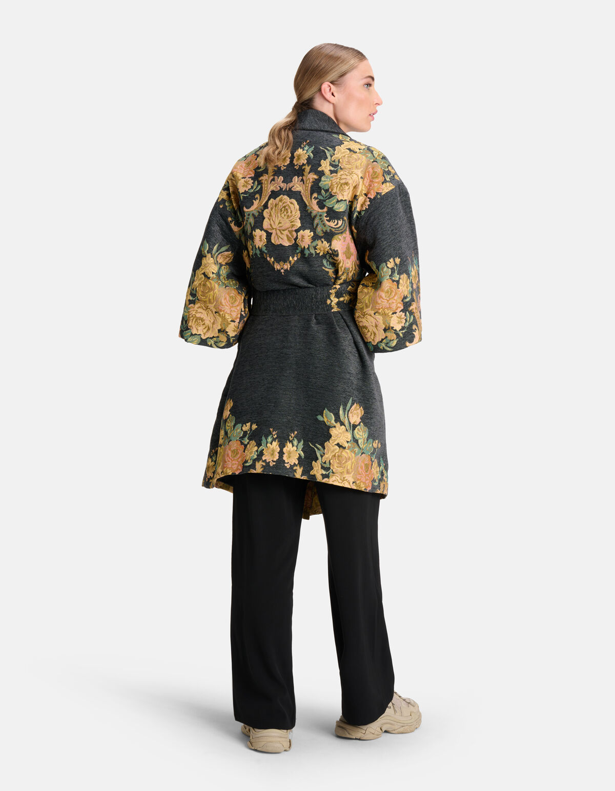 Jacquard Bloemenprint Kimono Donkergrijs SHOEBY WOMEN