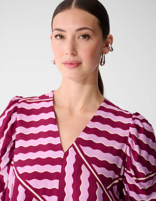 Wavy Printed Puffy Sleeve Mini Jurk Roze/Paars SHOEBY WOMEN