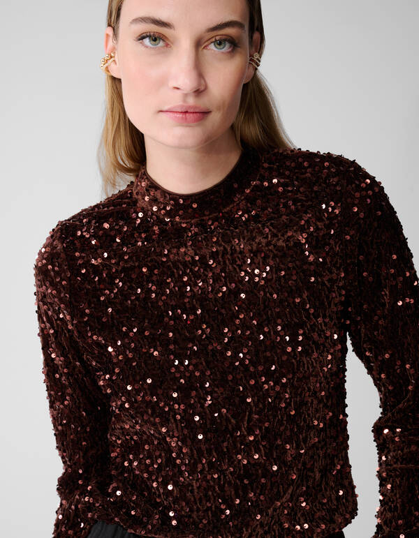 Sequin Flare Longsleeve Top Bruin SHOEBY WOMEN
