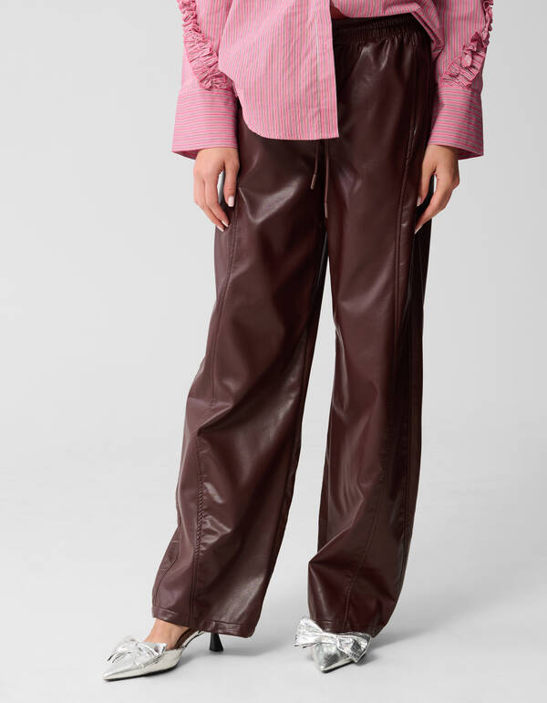 Vegan Leather Wide Leg Broek Donkerrood SHOEBY WOMEN