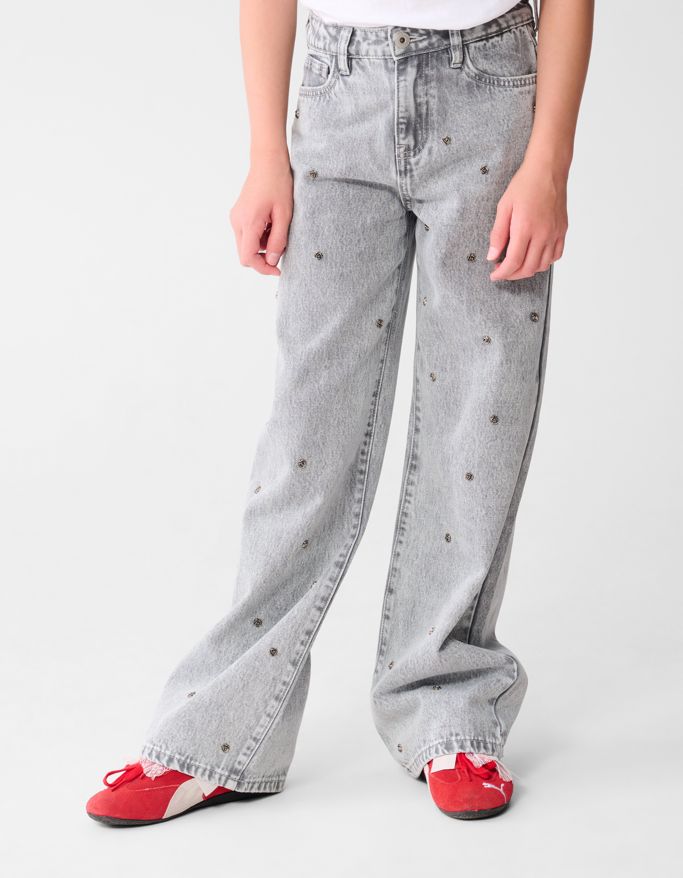 Rose Stud Wide Leg Fit Jeans Lichtgrijs SHOEBY GIRLS