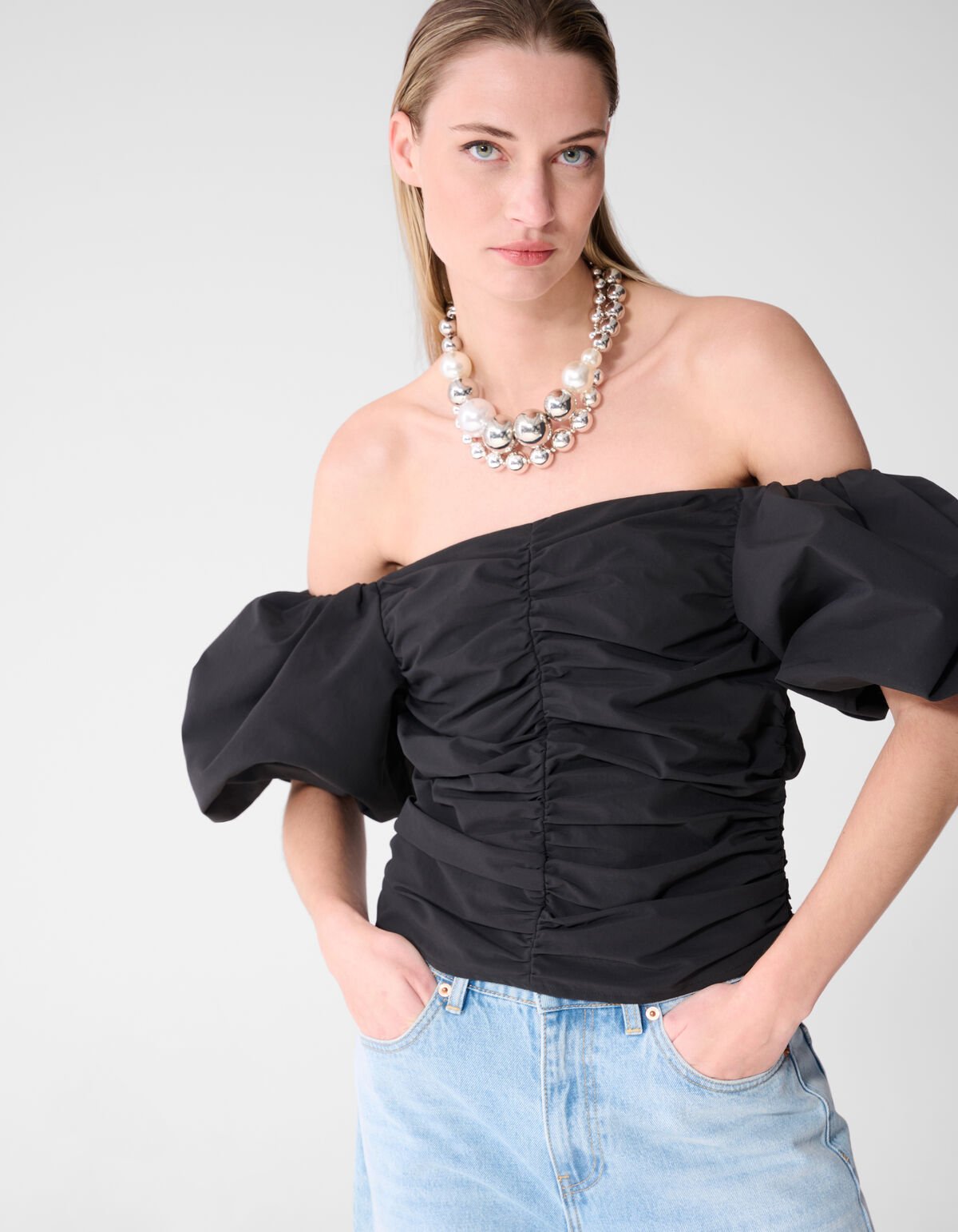 Geplooide Off Shoulder Top Zwart By Fred SHOEBY WOMEN
