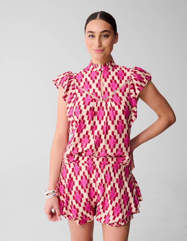 Printed Ruffle Top Roze SHOEBY WOMEN