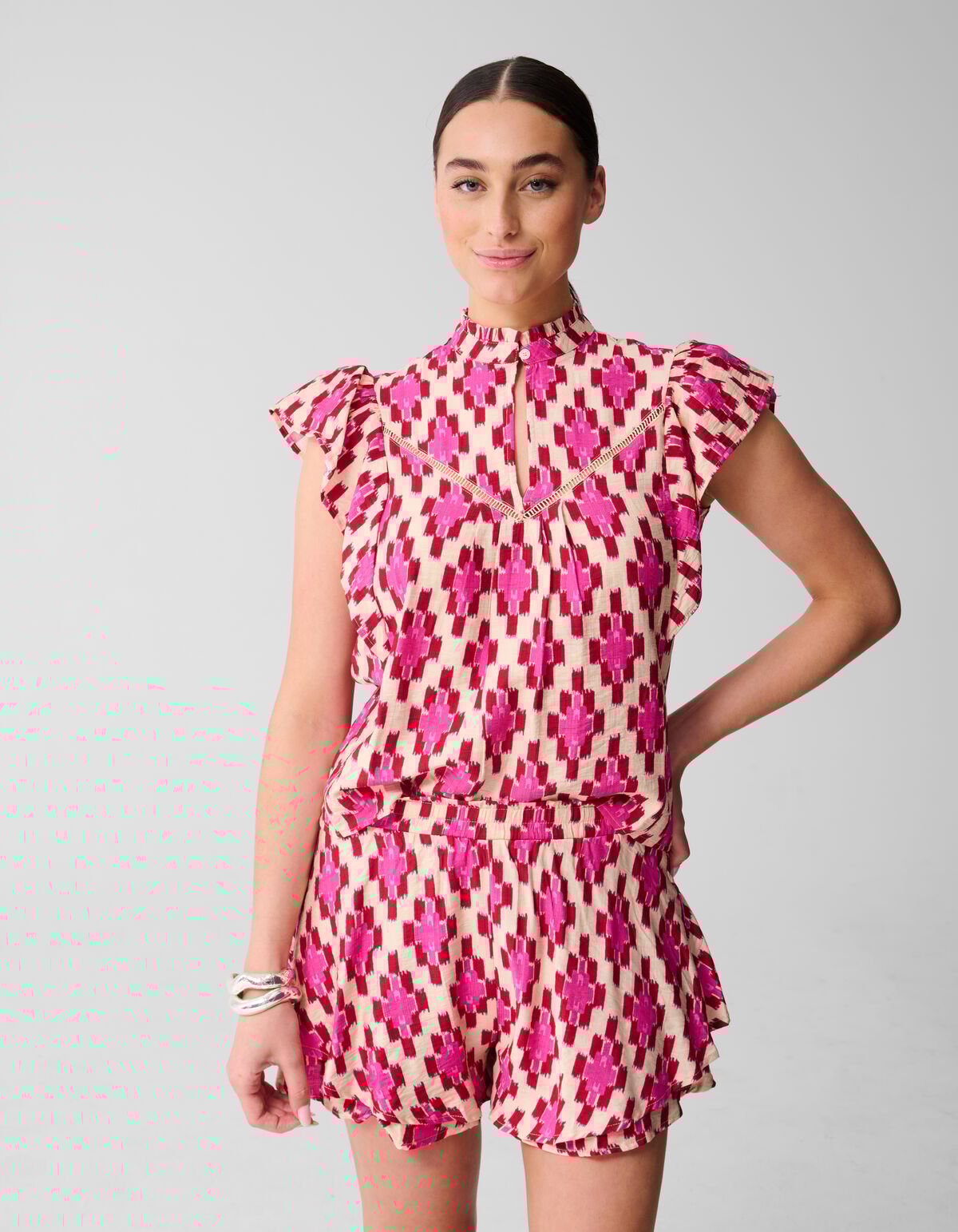 Printed Ruffle Top Roze SHOEBY WOMEN
