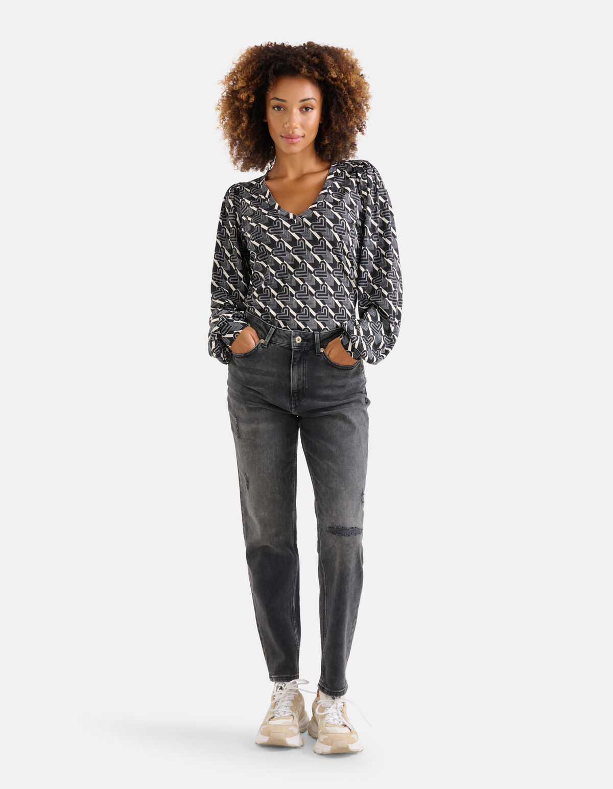 Printed Rib Longsleeve Zwart/Wit SHOEBY WOMEN