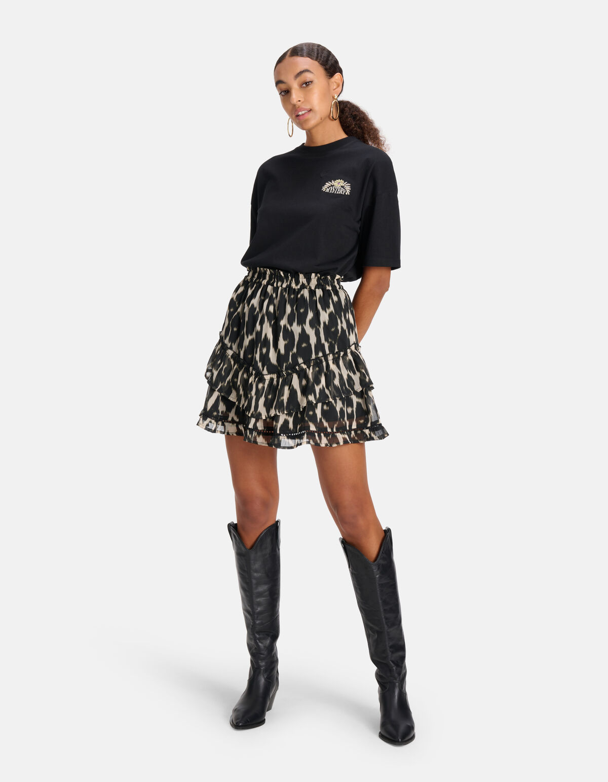 Leopard Ruffle Rok Zwart SHOEBY WOMEN